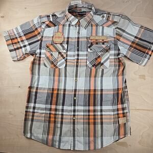 Red Ape Always King Plaid Gold Orange Brown Short Sleeve Button Up Shirt Size XL
